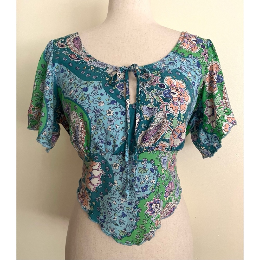 Boho Festival Hanky Hem Top Blue Paisley 100% Rayon Earthbound Trading Size M-L